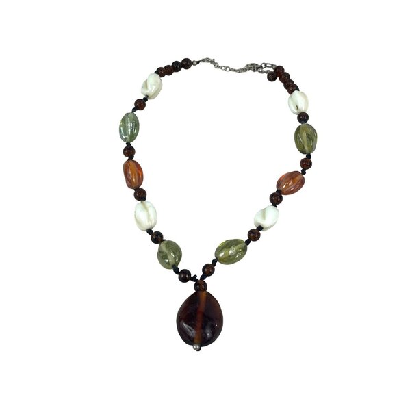 Vintage Chunky Glass Beaded Necklace 20" With Earthtone Pendant Boho Style - Picture 5 of 6